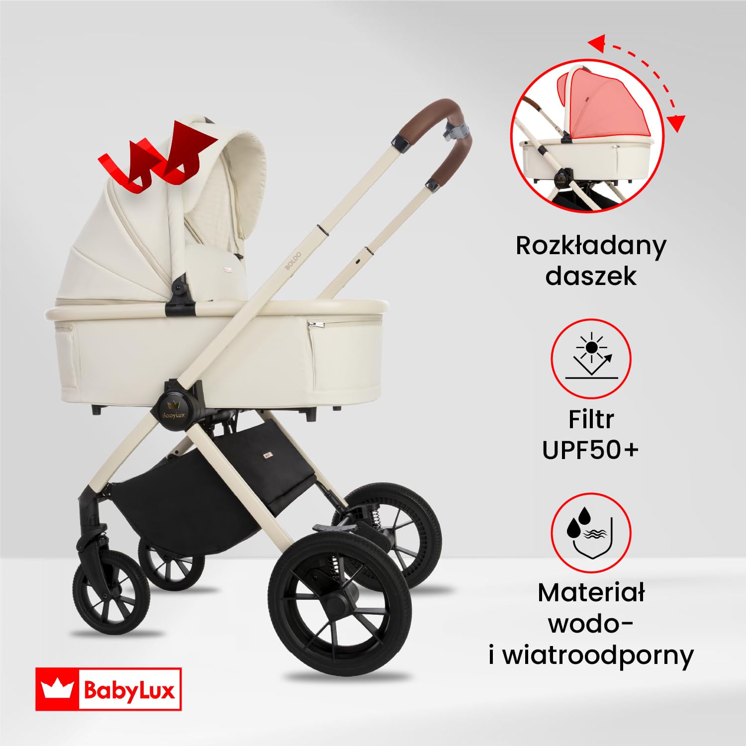 BabyLux Wielofunkcyjny Wózek Dziecięcy 3w1 BOLDO Lekki i Kompaktowy | Gondola, Spacerówka, Fotelik Samochodowy, Składana Aluminiowa Konstrukcja Stelaża, Regulowane oparcie, Akcesoria