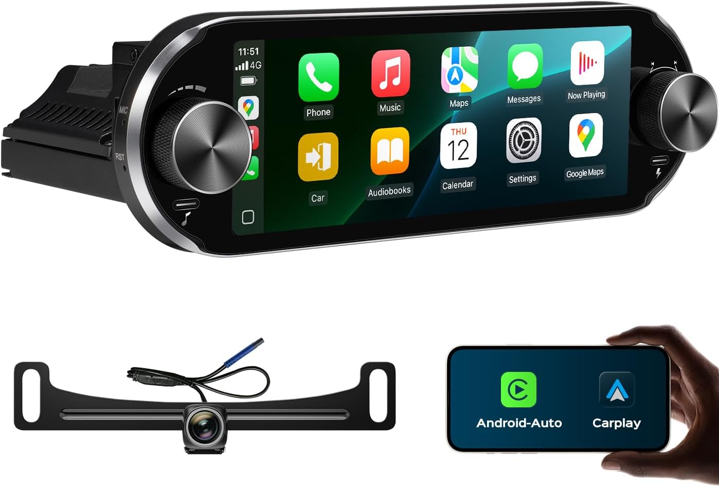 6.86" Single Din Touchscreen Car Radio Wireless CarPlay/Wired Android Auto, 1280 * 480 QLED Car Stereo 2+64G with Bluetooth AM/FM (with Backup Camera)