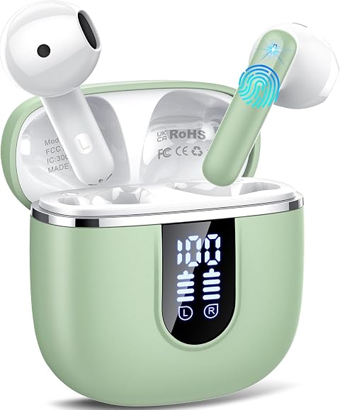 Wireless Earbuds, Bluetooth 5.4 Earphones In Ear Hi-Fi Stereo Deep Bass, Bluetooth Headphones with 4 ENC Noise Cancelling Mic, 40H Playback IP7 Waterproof Earbuds Comfortable Earbuds for Work, Green