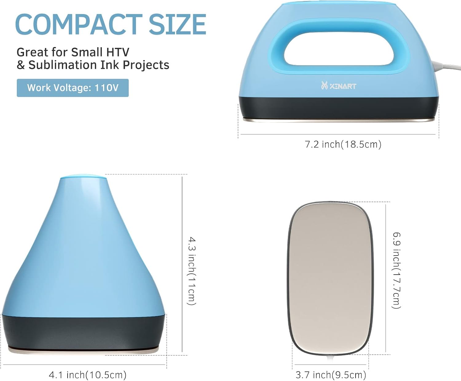 Xinart Small Heat Press with Display (285℉ to 400℉) 7"x3.8" Mini Heat Press Machine for T-Shirts, 4 Levels Temp Settings Portable Heat Press Iron for HTV Vinyl & Sublimation Ink Projects-Blue