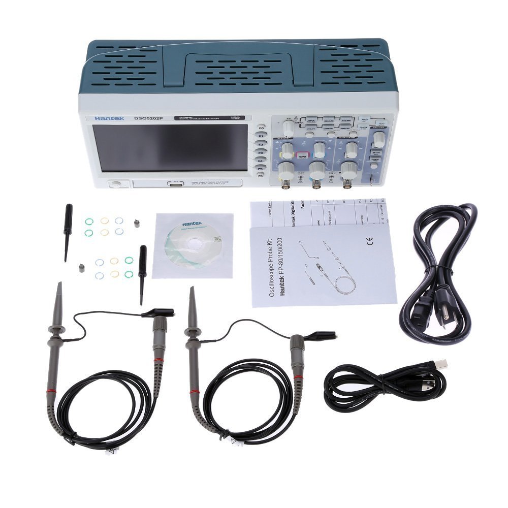 Hantek DSO5202P Digital Oscilloscope and included accessories, laid out on a white surface. Accessories include two probes, power cord, USB cable, software CD, and documentation.
