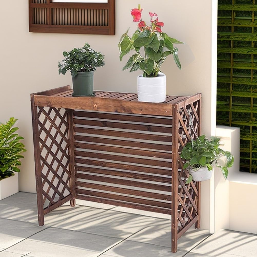 Draußen Abdeckung für Klimaanlage aus Massivholz, Holz Blumenständer, Klimaanlagenzaun, Schutzgitter, Verstecken Von AC-Geräten (Größe: 96x40x89cm), Wasserfest, Braun