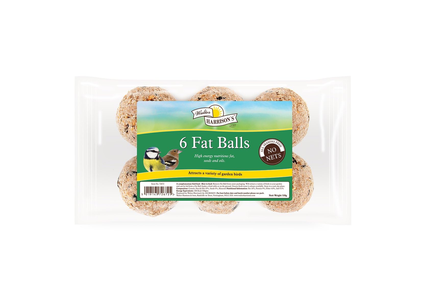 Walter Harrison's Fat Balls No Nets – High Energy Nutritious Bird Treats, 85 g (Pack of 6)