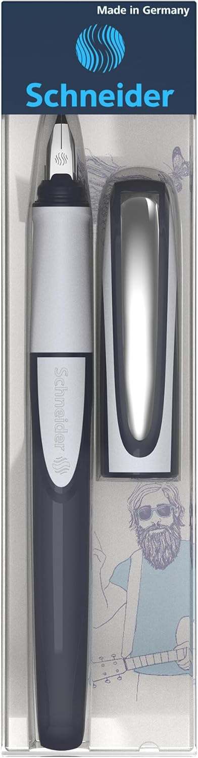 Schneider Ray Fountain Pen M (Medium), Refillable, Dark Blue/Light Gray Barrel, Royal Blue Erasable Ink Cartridge, Pack of 1 Pen (168203)