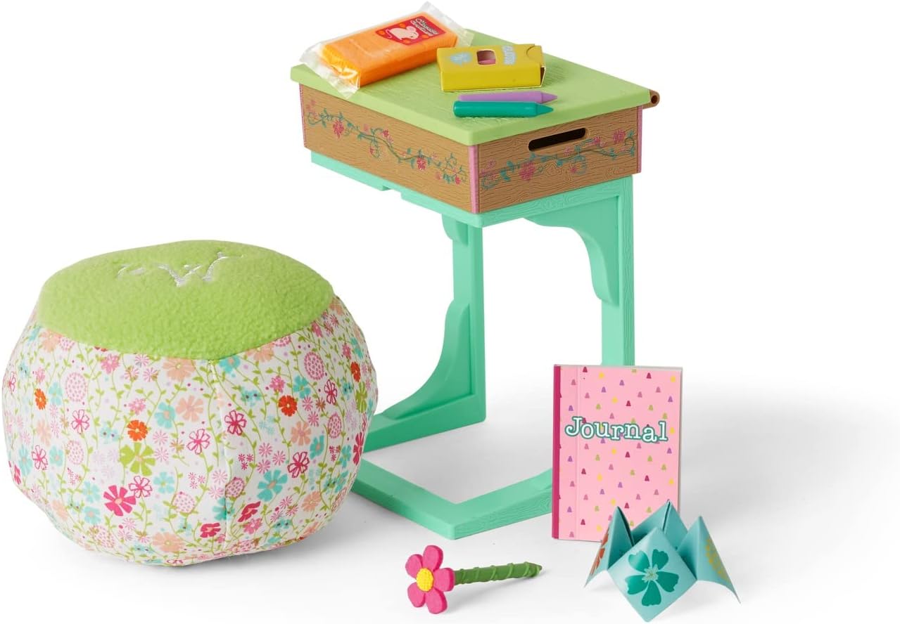 American Girl WellieWishers Ready to Learn Desk Set for 14.5-inch Dolls with a Doll-Sized Desk, School Supplies, Flower-Print Seat, Paper Fortune Teller, Ages 4+