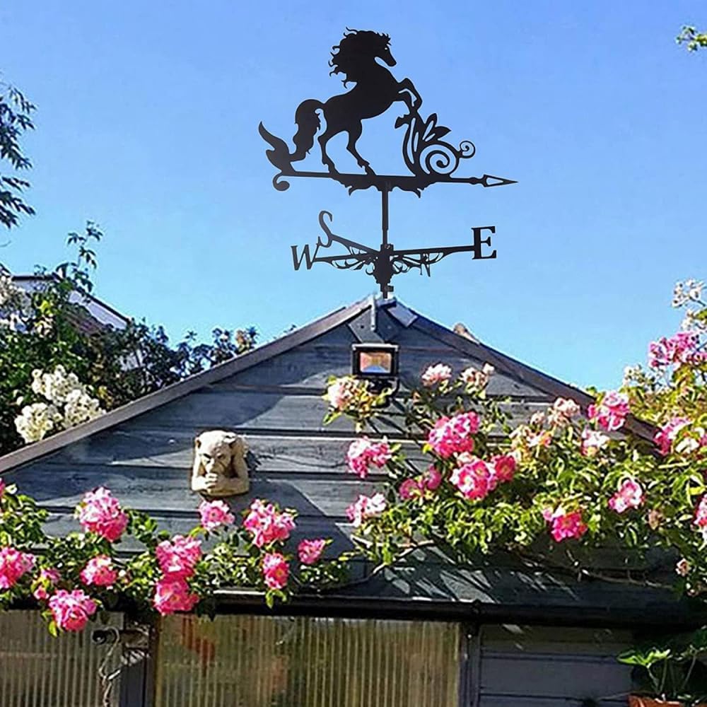 Weathervane,Weathervane Metal Iron Wind Vane Retro Cast Iron Horse Weather Vane Garden Patio Yard Decoion for Fence Holder Outdoor Roof Garden Decoions