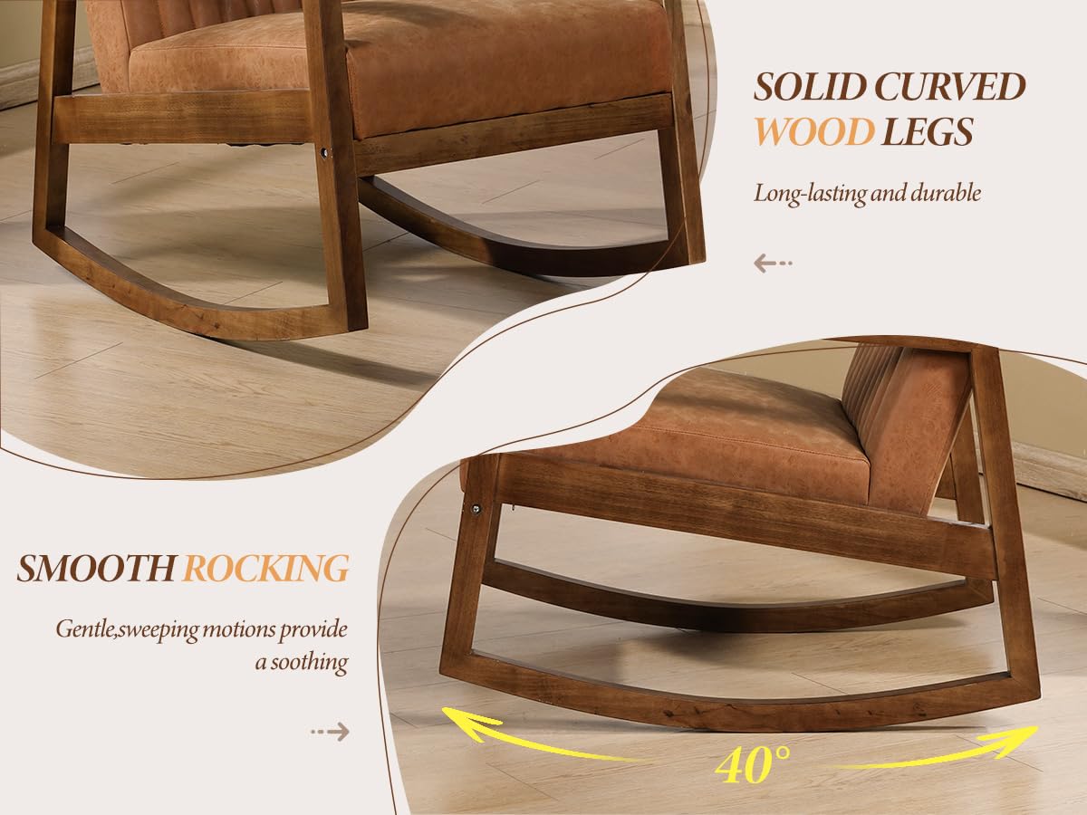 Ya-Home Schaukelstuhl Holz Stillstuhl aus PU Leder Mid-Century Sessel Schaukelsessel mit Holzrahmen gepolsterter Schwingsessel mit Armlehnen für Wohnzimmer/Schlafzimmer/Balkon, Braun