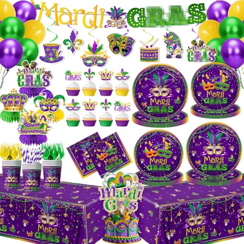 Masquerade Party Decorations-172Pcs Mask Themed Plates and Napkins Green Gold Purple Tableware Set Masquerade Party Supplies