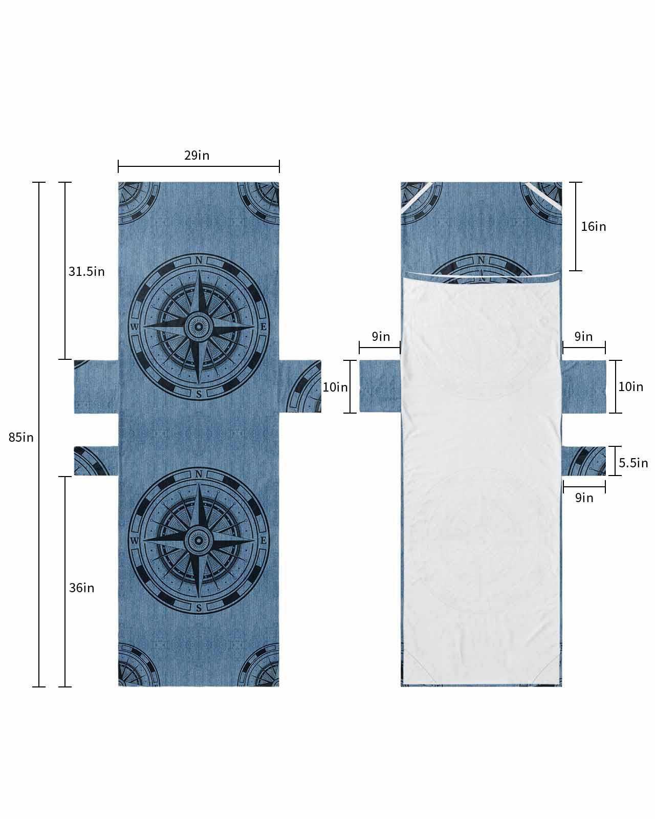 Blue Compass Nautical Beach Lounge Chair Towel Cover, Soft Chaise Lounge Towel with Side Pockets Patio Pool Chairs Cover for Beach/Pool Sunbathing 29x85 Coastal Vintage