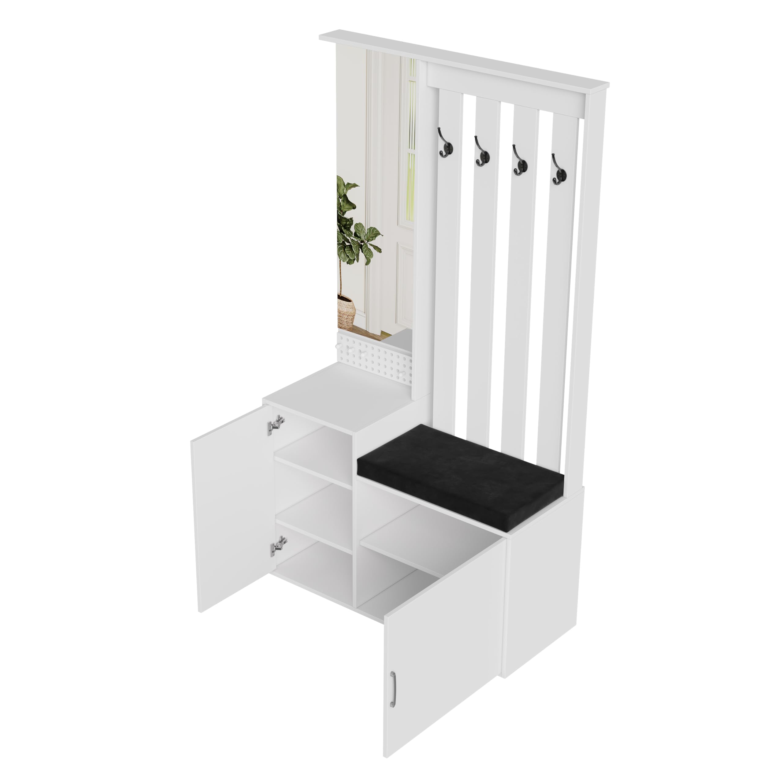 Set appendiabiti da corridoio,Mobile da ingresso con armadio, Mobile Da Ingresso Moderno con 4 ganci appendiabiti, specchio, scarpiera, appendiabiti, ripiano superiore, panca da corridoio