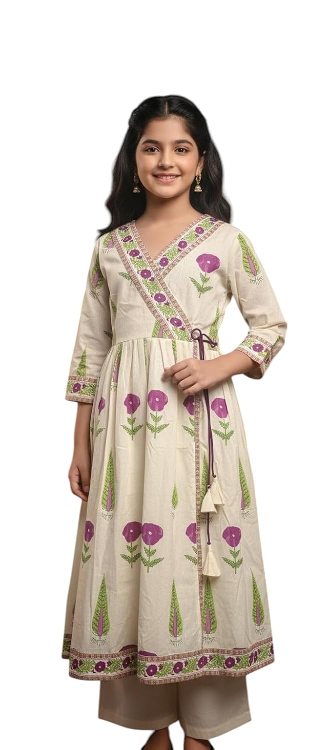 Aarika Girls Ethnic Wear Cream-Purple Colour Floral Printed Kurti