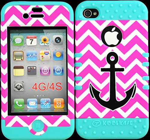 Bumper Case for Iphone 4 4s Anchor on Pink Chevron Design Hard Plastic Snap on Baby Teal Silicone Gel