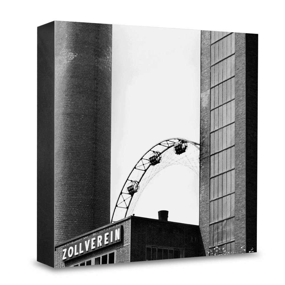 COGNOSCO HG-E111 Photo Wooden Block Medium 15 x 15 cm Wall Picture with Architectural Photography Essen/Ruhr Region Coke Office Customs Association Wood Black White 15 x 15 cm