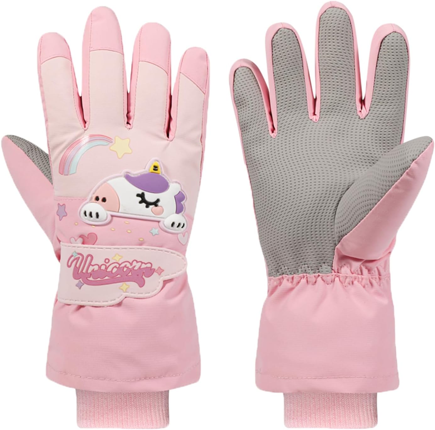 Kids Winter Ski Gloves Waterproof Anti Slip Plush Thermal Snowboard Gloves Rainbow Unicorn Mittens for Children Girls Age 5-7