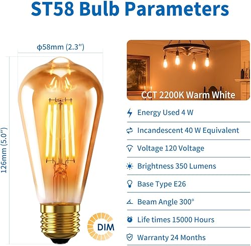 Miniatura 5 de ANWIO Vintage Edison LED Lights ST58ST19 LED Filament Lights Bulb, 4W(40 Watt Equivalent) Dimmable 2200K Warm White E26 Medium Base, Amber Glass for