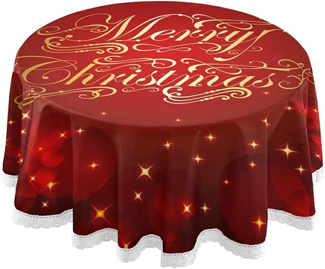 Red Merry Christmas Round Tablecloths, Circular Table Cover Washable Polyester for Buffet Table, Parties, Holiday Dinner 60 Inch