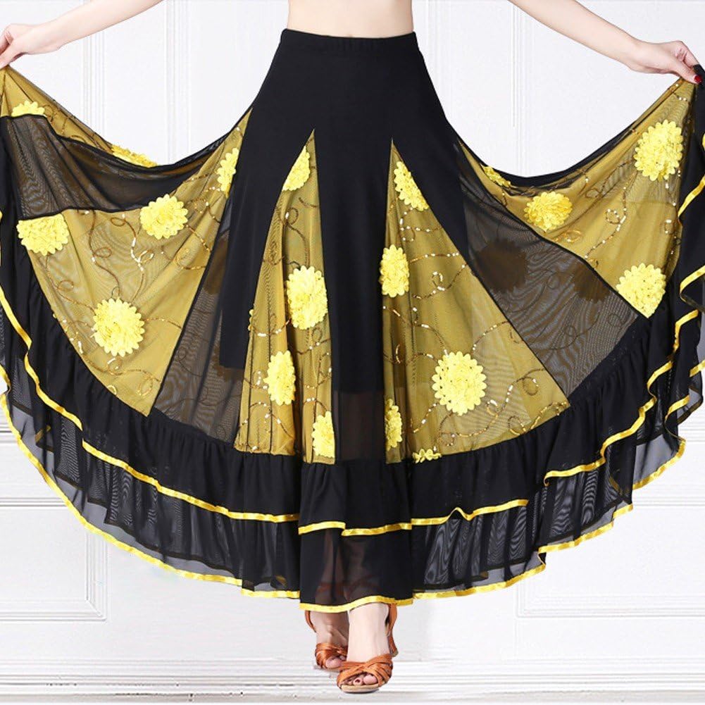 Falda De Baile Lírico para Mujer, Falda Larga De Gasa con Flores De Lentejuelas, Faldas Envolventes Transparentes, Falda Larga De Baile Social para Actuación De Ballet Moderno