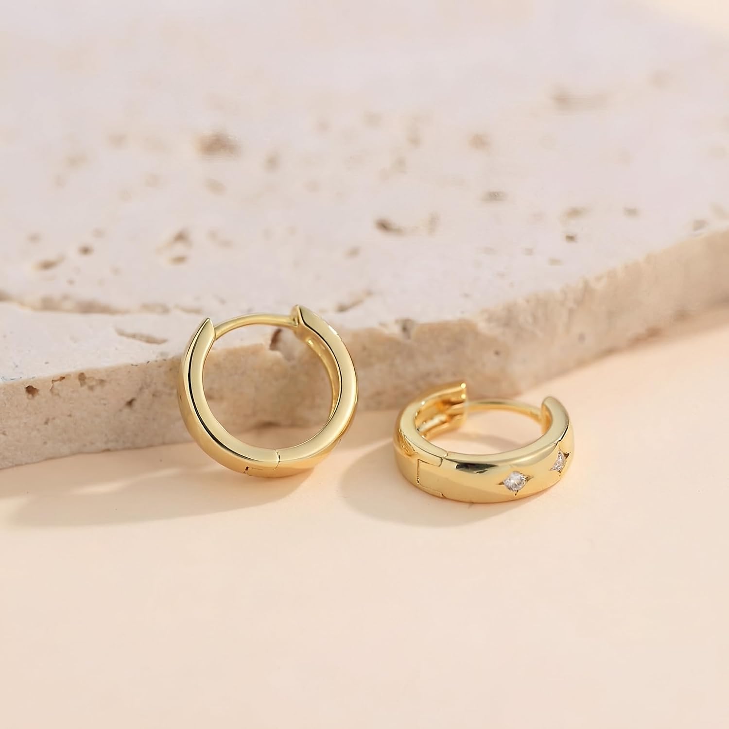 14k Gold Small Hoop Earrings for Women, Hypoallergenic Chunky 14kt Yellow Golds Huggie Hoops Earring with 3 Star-Cut Cubic Zirconia, Minimalism Bold Everyday Jewelry 3.7mm x 13mm