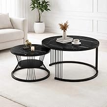 Round Coffee Table Set of 2 for Living Room Wooden Top with Gold Metal Frame Modern Nesting Center Table for Sofa Area Home & Office Furniture (Full Black)