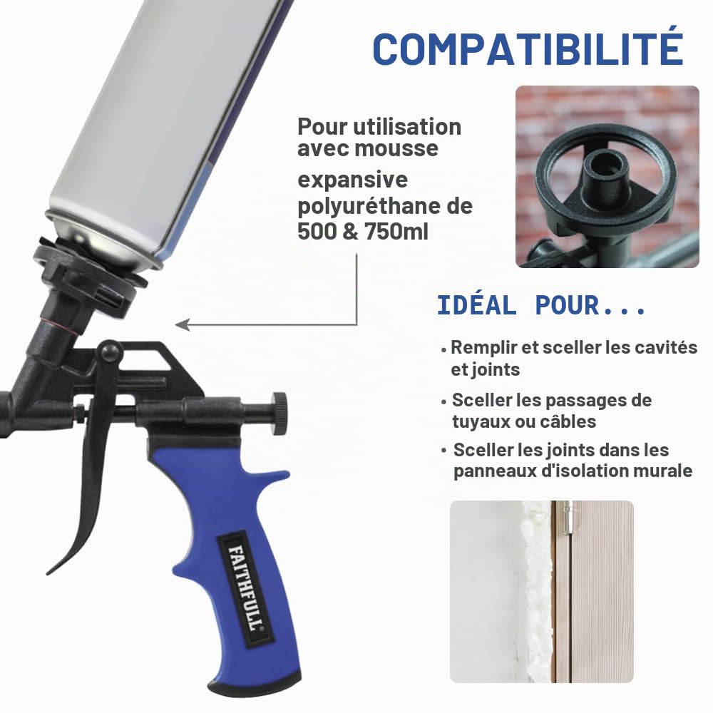 Faithfull Pistolet à mousse antiadhésif, très résistant, corps anti-adhésif entièrement revêtu, corps et aiguille en acier inoxydable, applicateur de pulvérisation de mastic
