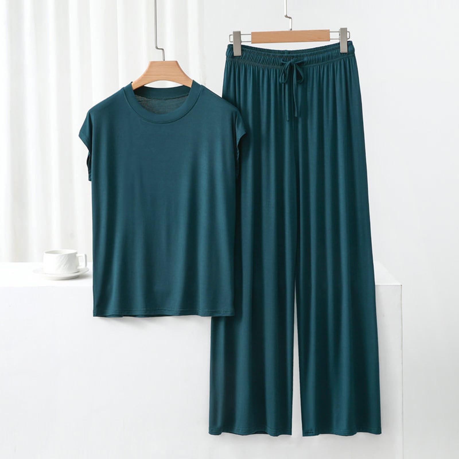 Damen Homewear Einfarbig Lockerer Pyjama Kurzarm T-Shirt Kordelzug Weite Beinhose Nachtwäsche 2-teiliges Set