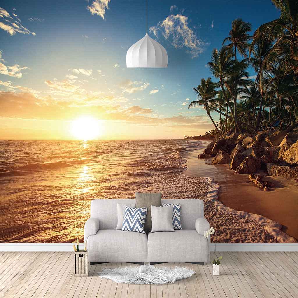 Papier peint 3D plage au crépuscule pour une chambre parentale apaisante