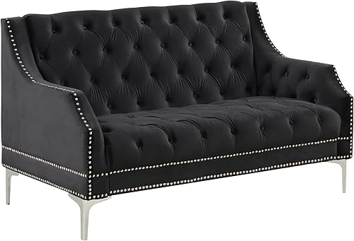 Miniatura 6 de Merax, Sofá moderno de 55.5 pulgadas negro tapizado de terciopelo esmerilado con patas de metal, botones en la parte trasera para sala de estar
