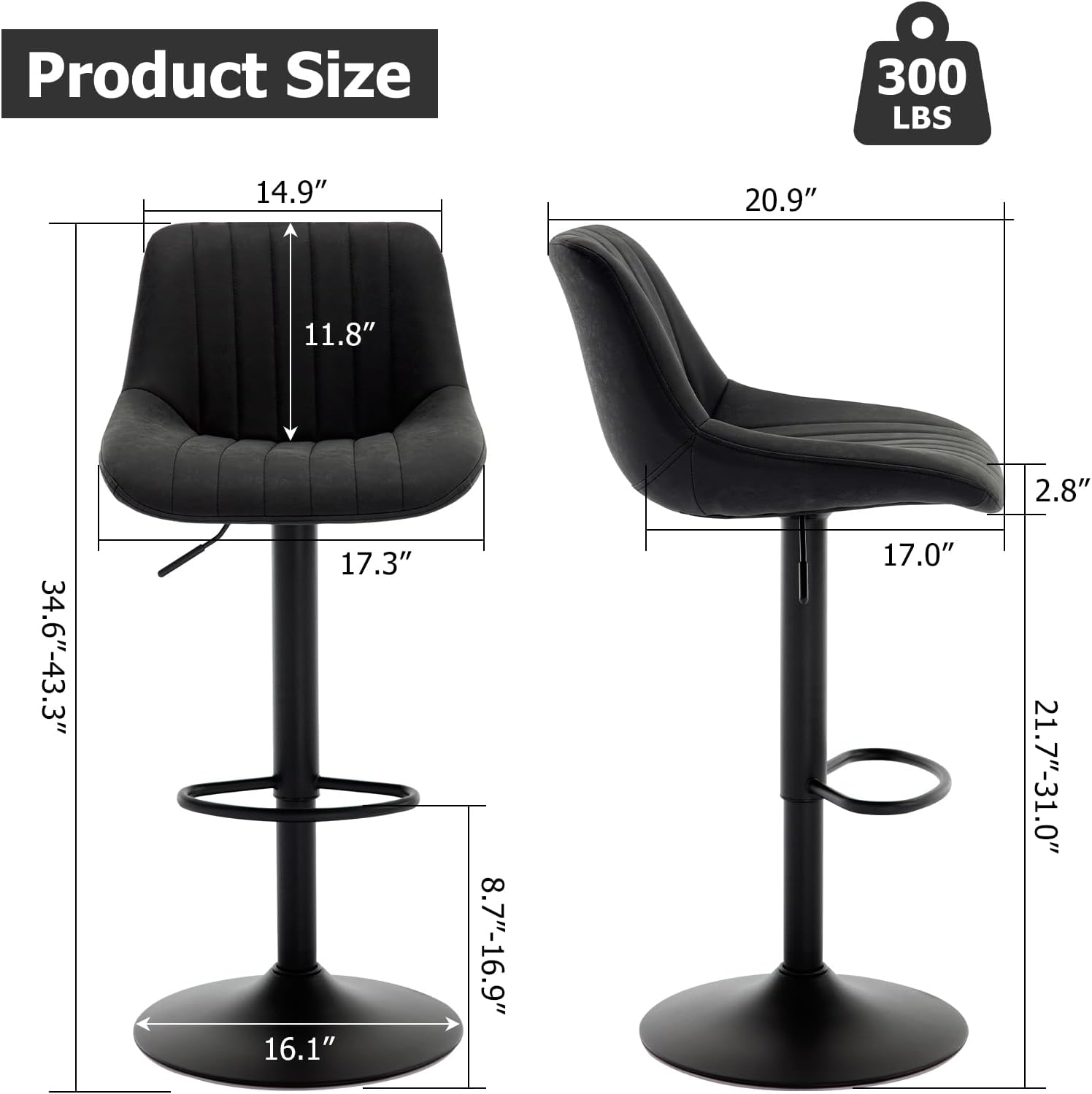 Faux Leather Adjustable Bar Stools Set of 4, Modern Swivel Barstools with Back, Black Metal Base and Footrest, Upholstered Armless Bar Chairs for Kitchen Island/Dining/Pub, Black