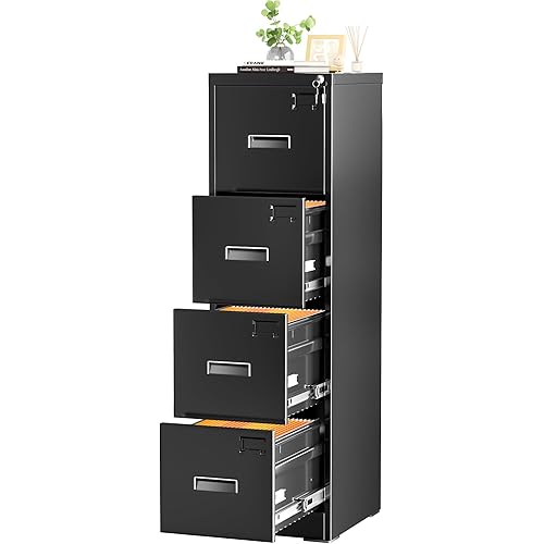 INTERGREAT 4 Drawer Vertical File Cabinet, Black Metal Filing Cabinet with Lock, Tall Lockable Cabinets with 4 Adjustable Hanging Frame for Home Office, Letter/Legal/F4/A4 Size