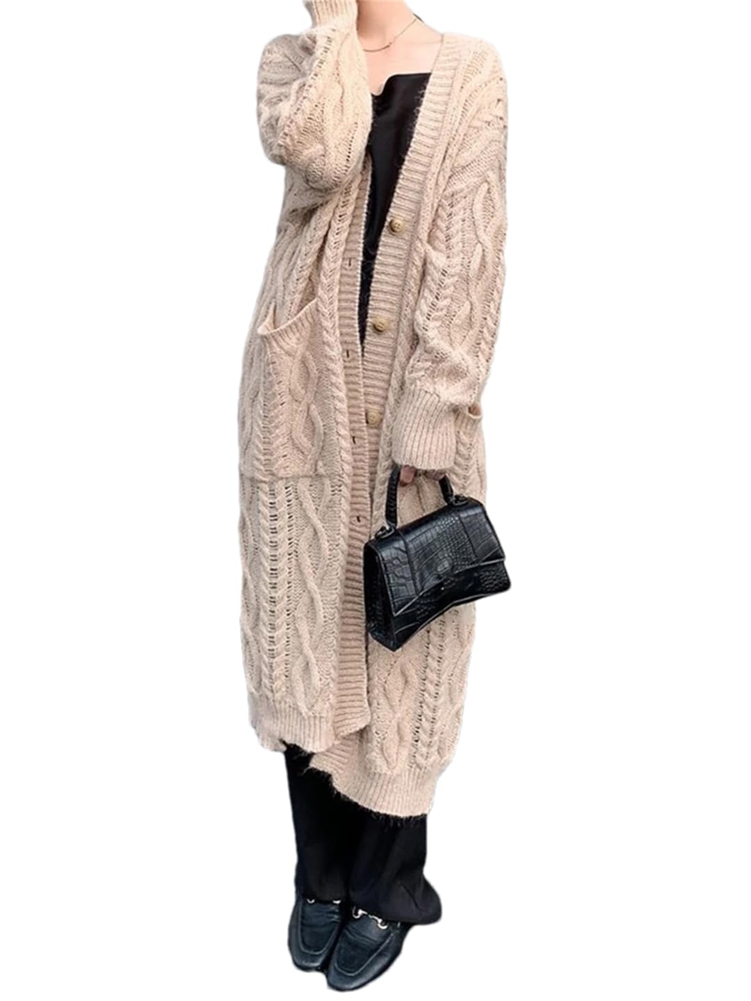 Cardigan lungo da donna, lavorato a maglia, largo, tinta unita, scollo a V, maniche