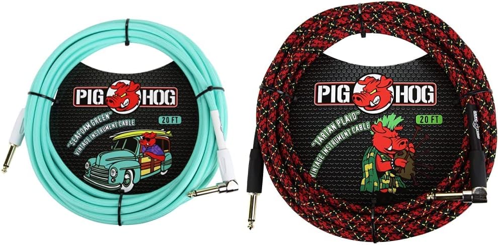 Pig Hog Right-Angle Guitar Cables - Seafoam Green & Tartan Plaid, 1/4" to 1/4", 20 Feet