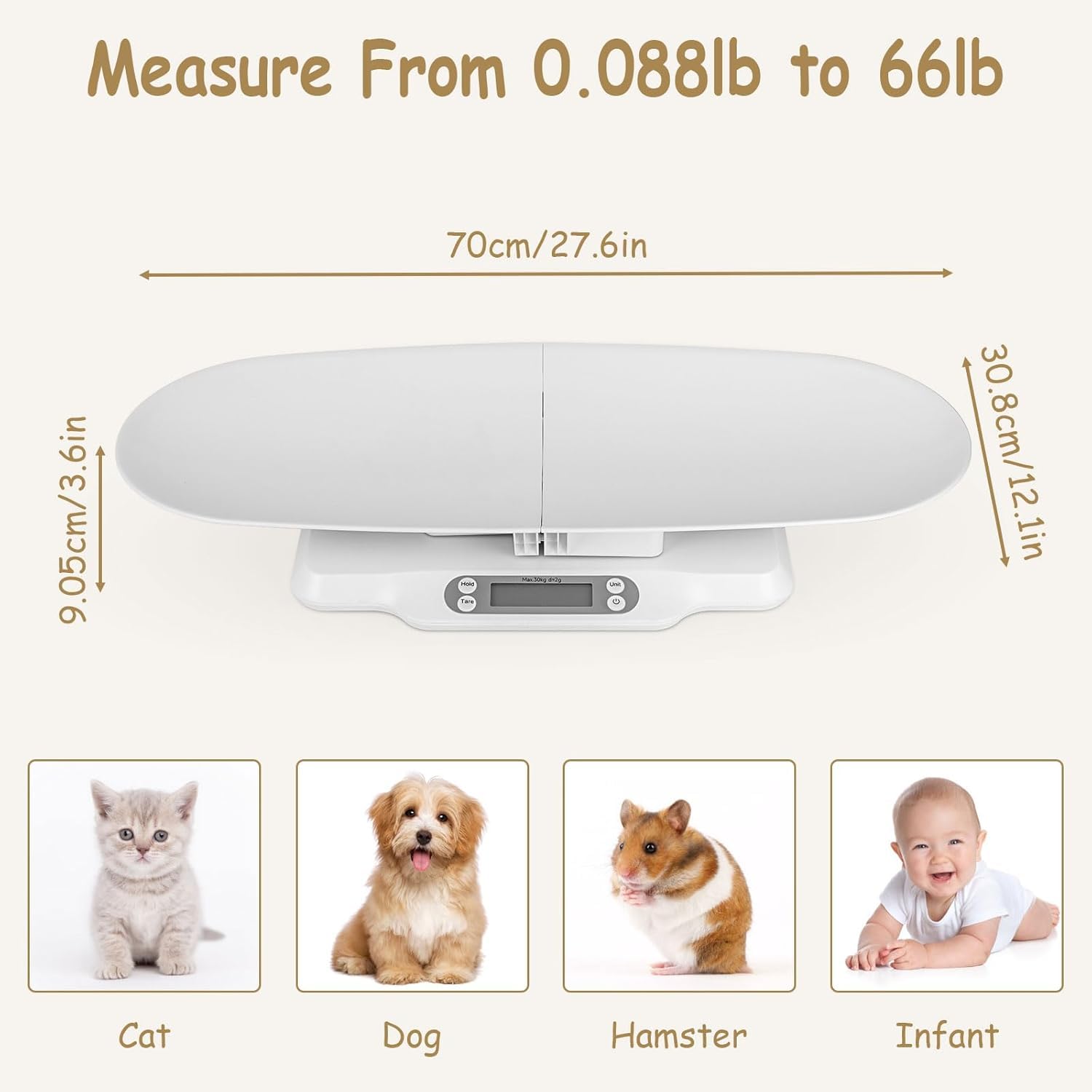 Bilancia digitale per bambini, con metro a nastro, bilancia digitale per animali domestici, gatti e cani di piccola taglia, con collari e tabelle per tenere i registri, capacità fino a 29,9 kg