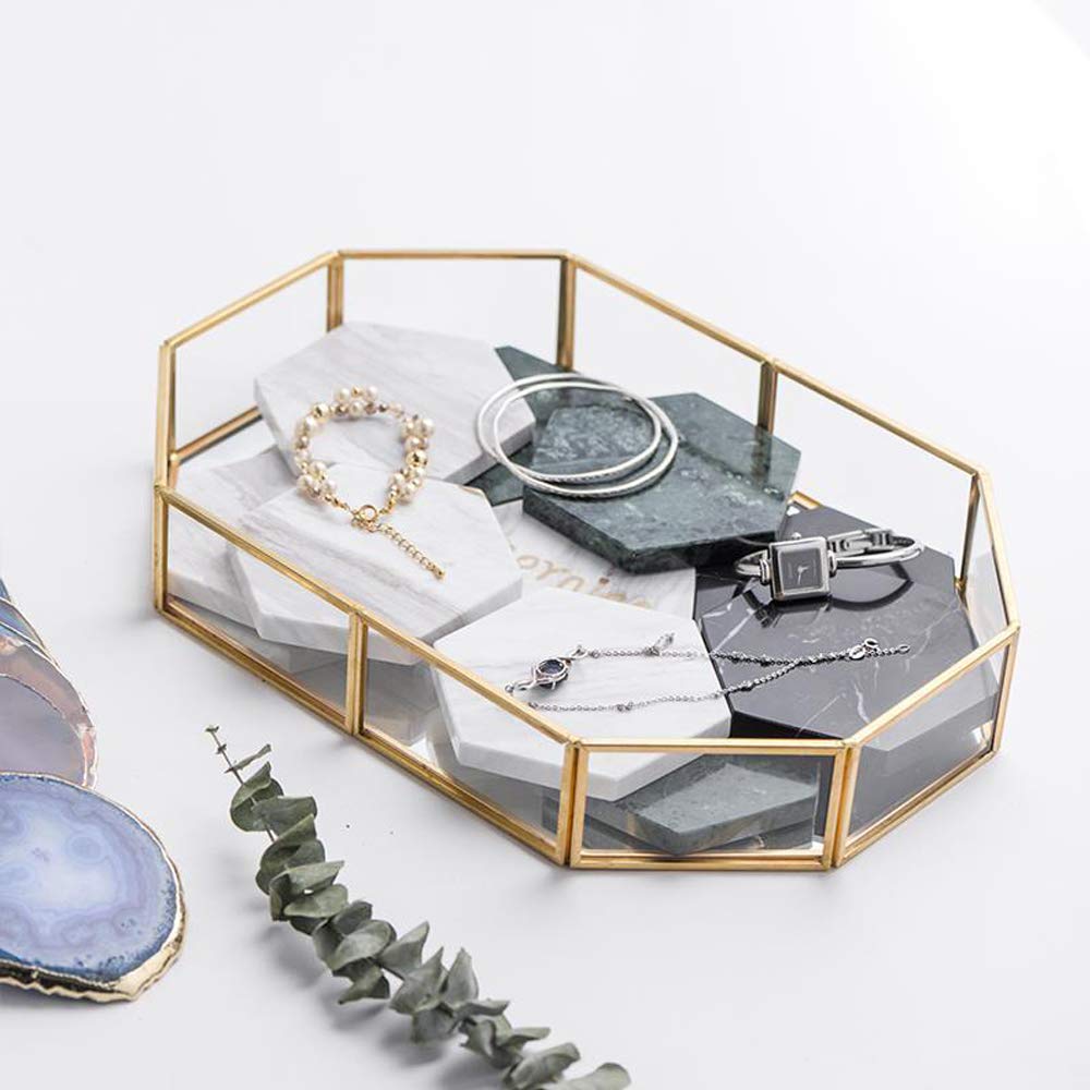 NUPTO Plateau Parfum Mror Doré: Plateaux Table Décoratfs Organsateur Vanté Verre Plateau