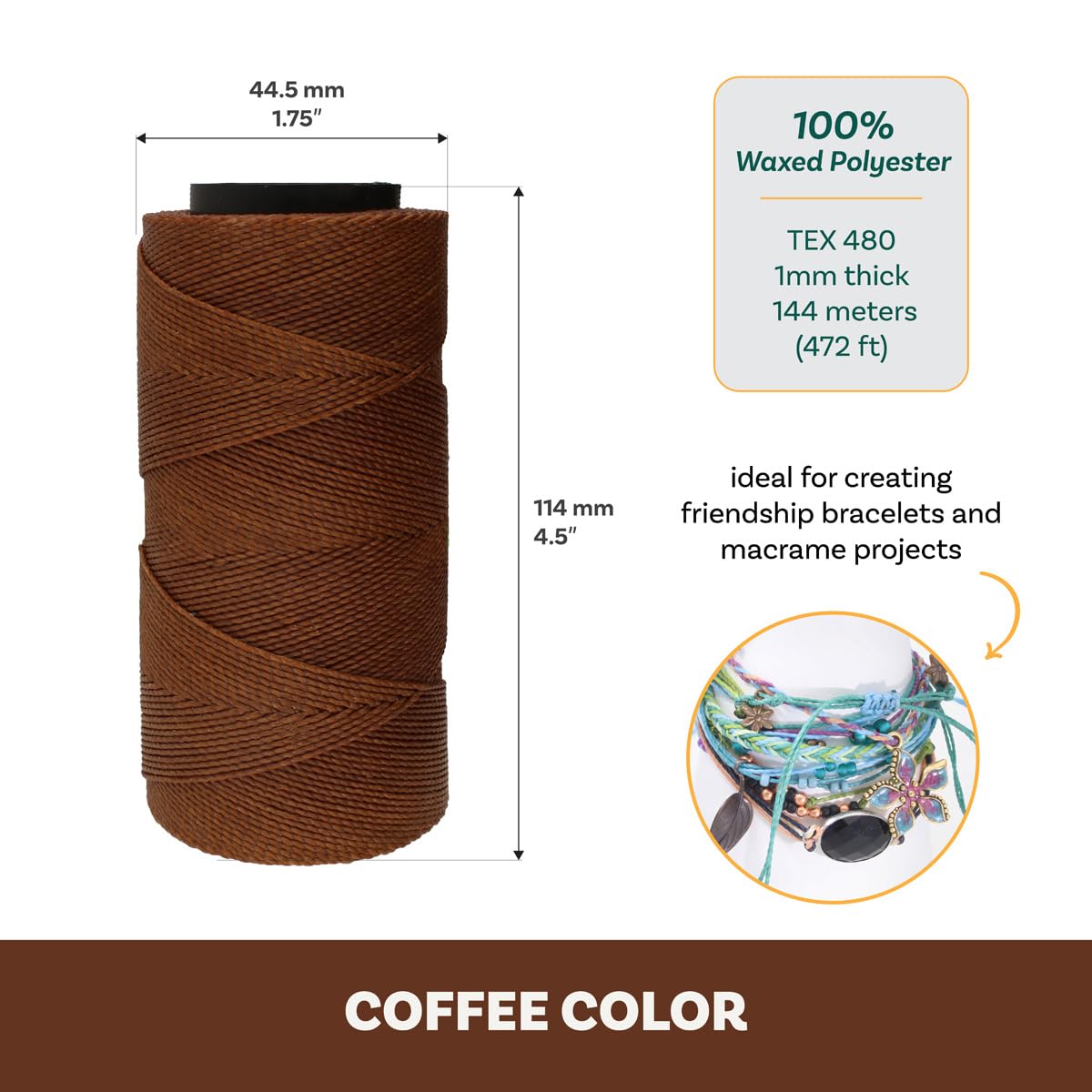 The Beadsmith Knot It Waxed Polyester Cord, Coffee Color, 0.7mm Diameter, Light Wax, 144 Meters (472 Feet) Per Spool - Image 4