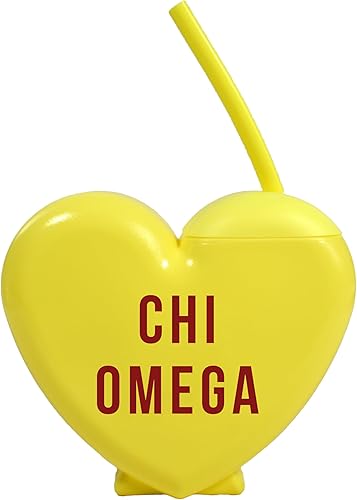 Sorority Shop Chi Omega - Vaso con popote en forma de corazón de caramelo de 16 onzas con tapa y popote de silicona, vaso de plástico reutilizable