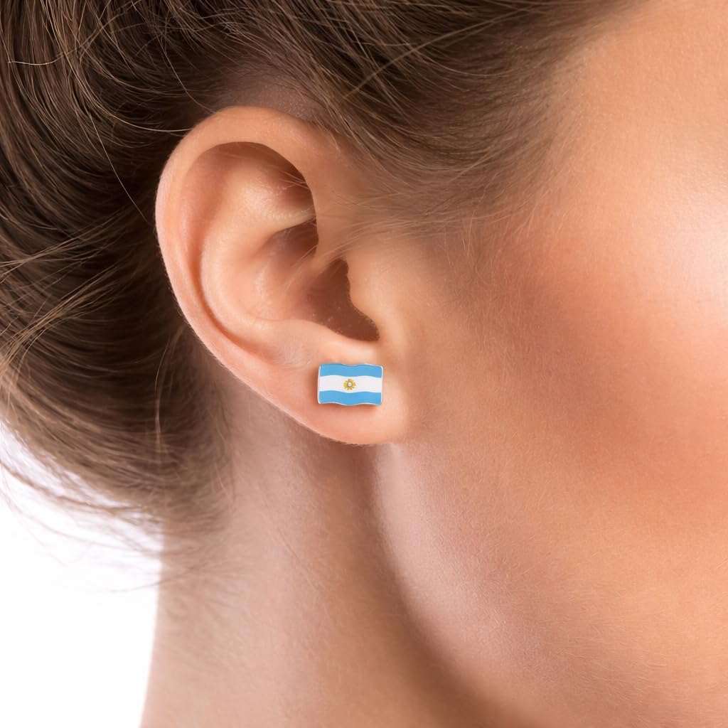 Bolenvi Argentina Flag Country Travel Stud Earrings - Genuine 925 Sterling Silver Back Posts, Earrings with Enamel and Cubic Zirconia Stones, Dainty Studs for Women and Men