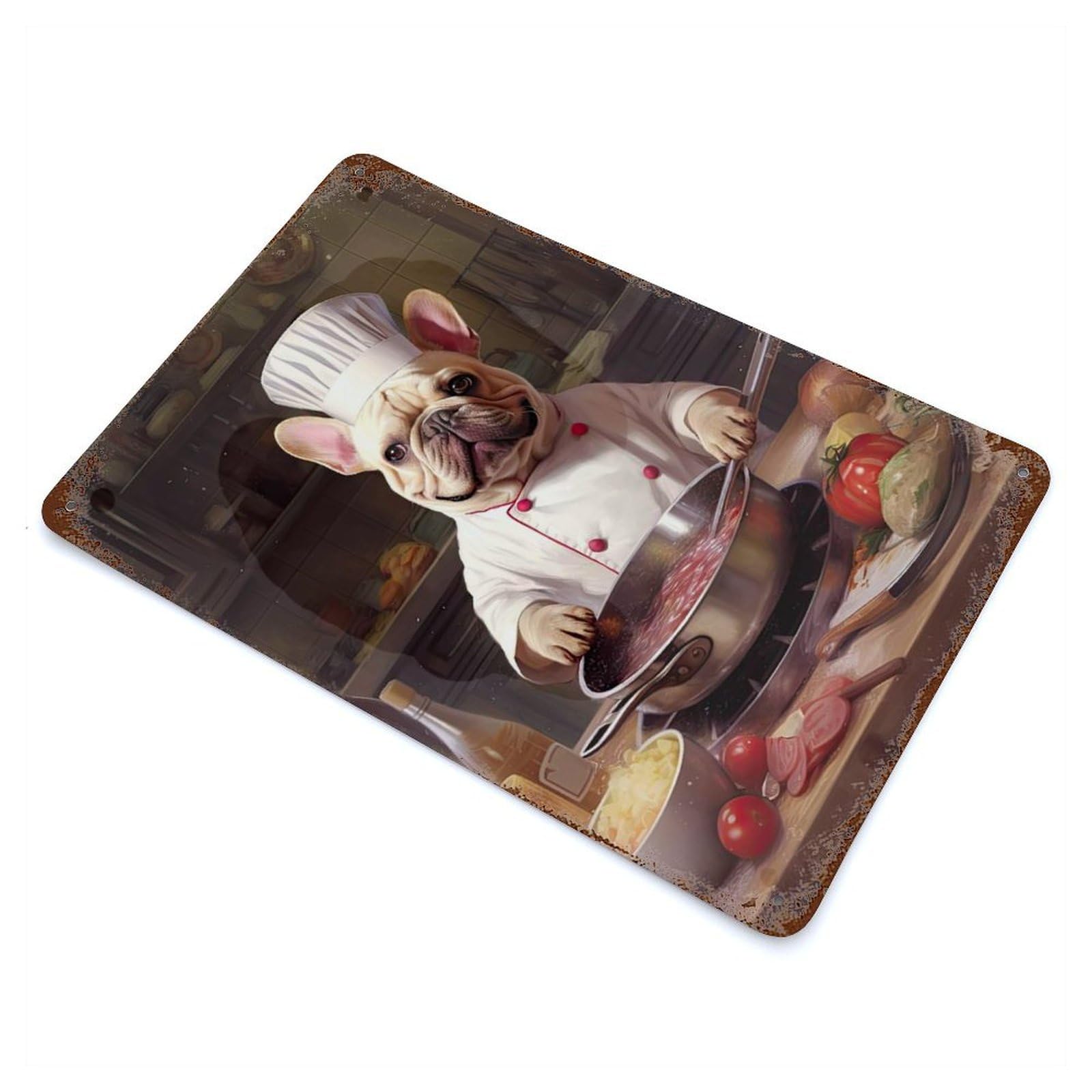 Cream French Bulldog Chef 11.8"x7.9" Retro Metal Sign, Industrial Home Decor for Basement, Hobby Room And Garage Decor