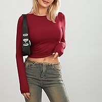 Vista 58 de Blusa corta básica casual para mujer, ajustada, manga larga, cuello redondo, color sólido, para otoño, camiseta ajustada Gris claro
