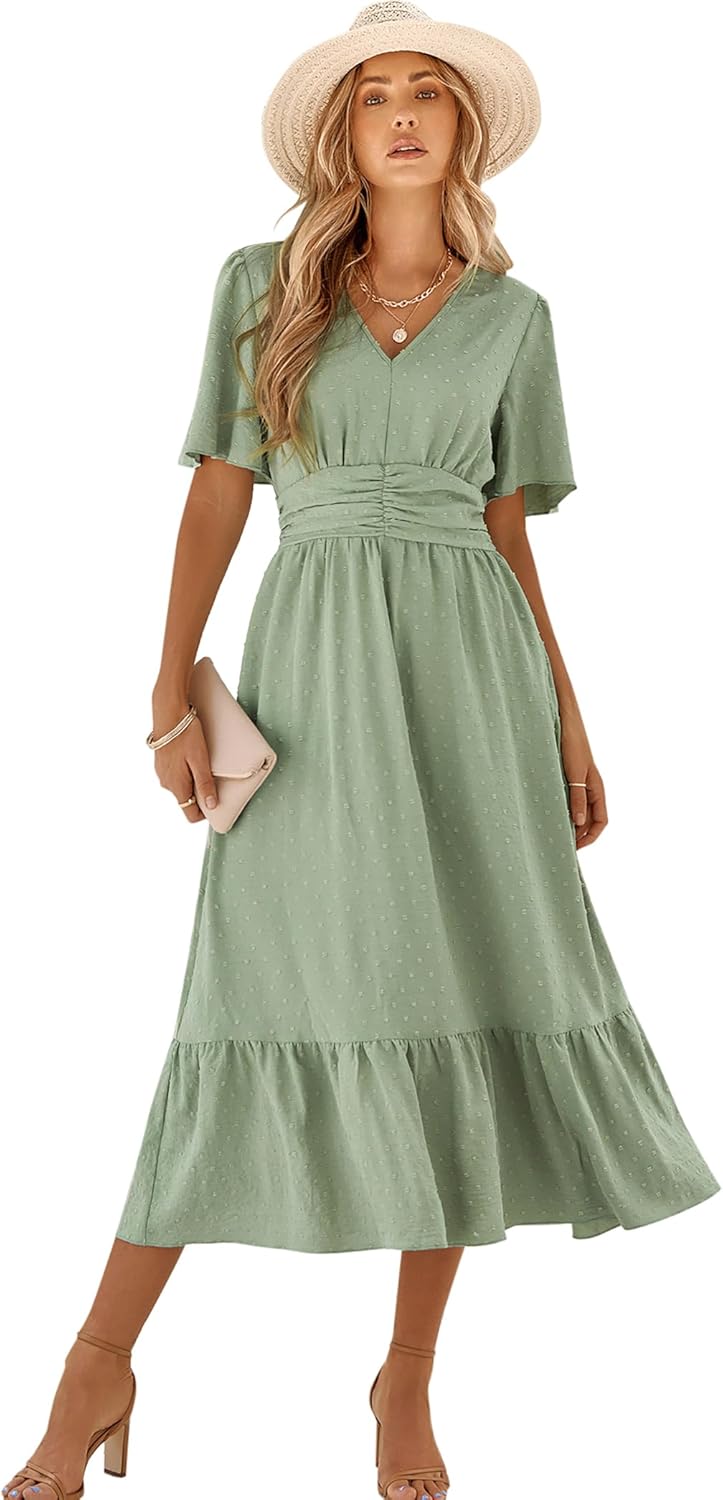 Women Short Sleeve Midi Dress Casual Ruffle V Neck High Waist Ruched A Line Sundress Cute Summer Outfits Clothes