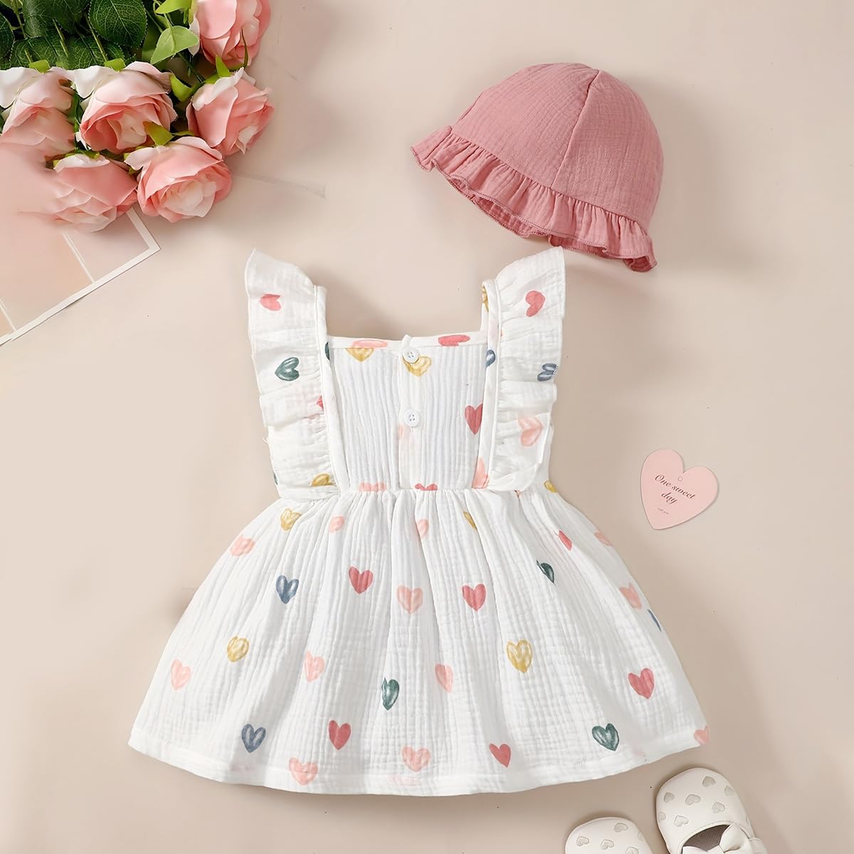 Conjunto Vestido y Gorro para Niña Pequeña Mangas con Volantes Estampado de Corazones/Flores de Algodón Lino Ropa de Primavera Verano - 3