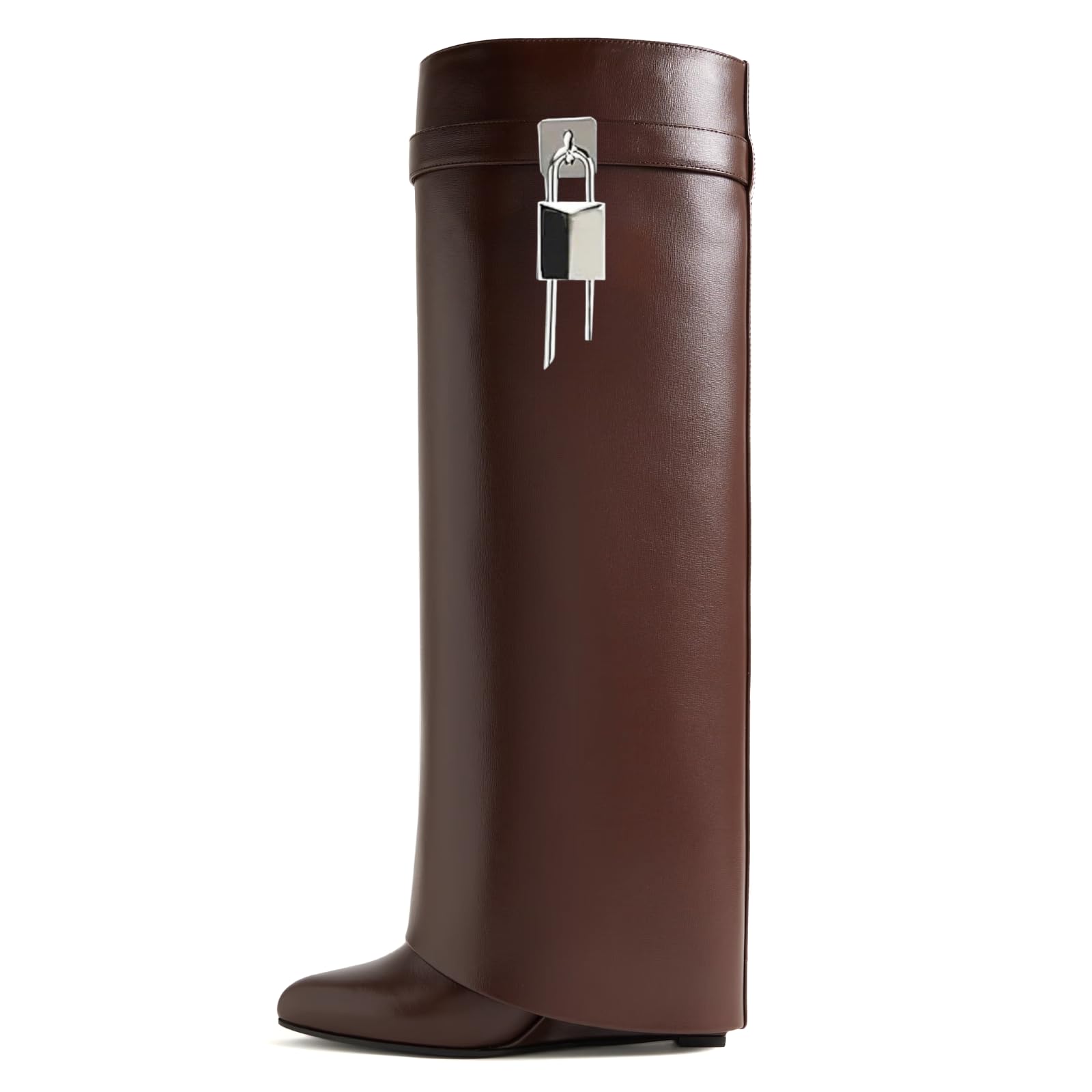 Yishaweiqi Fold Over Boots Wide-calf Wedge Heel Knee High Boot With Decorative Lock
