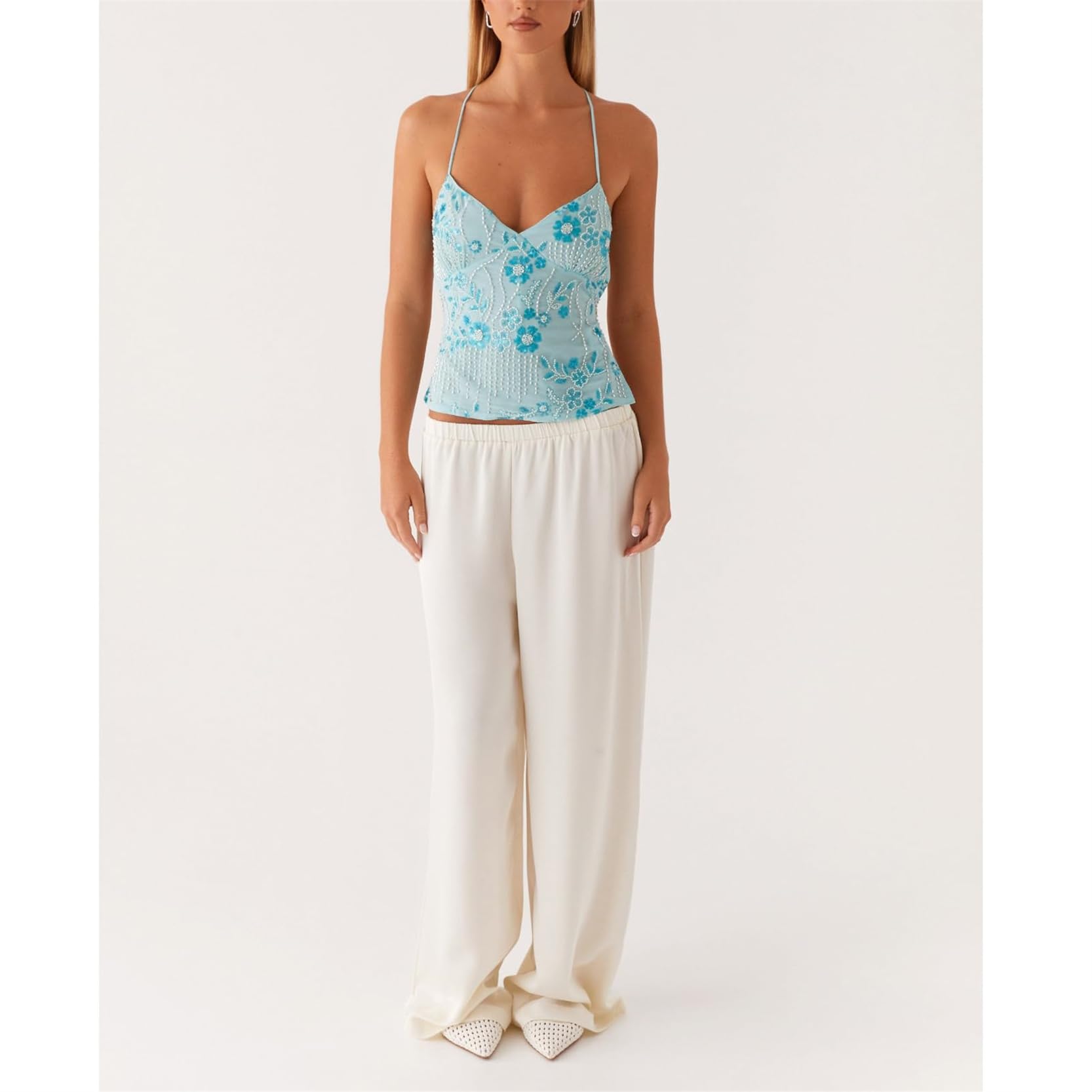 LYGBAOFUL Top Halter con Cuentas de Lentejuelas, Camisola de Fiesta sin Mangas Brillante Y2K con Cuello Vuelto de Corte bajo, Tops Adornados con Diamantes de imitación con Purpurina sin Espalda