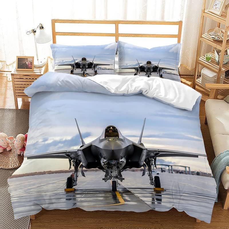 Miniatura 2 de Jingzhang Juego de funda de edredón de avión, juego de cama decorativo de 3 piezas con 2 fundas de almohada, tamaño matrimonial