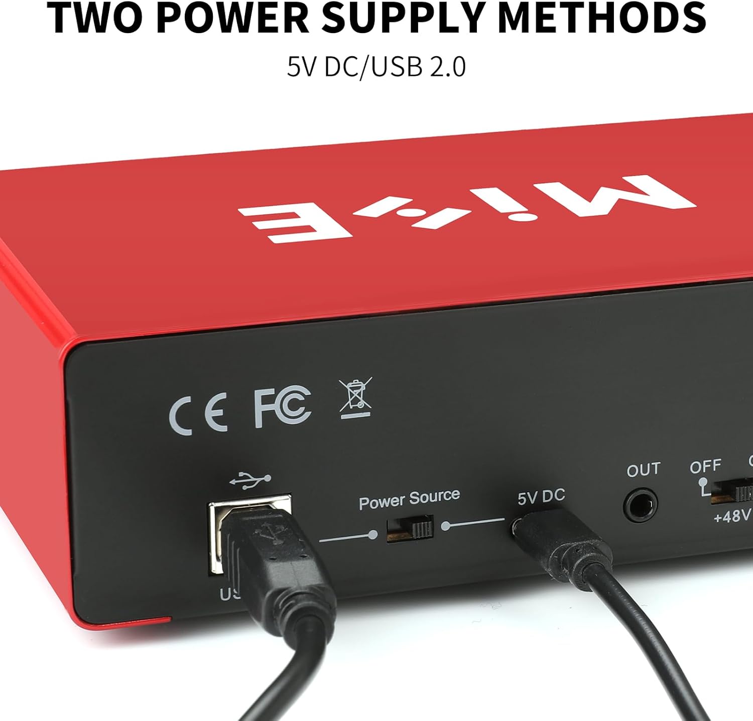 Rear view of the Kmise USB Audio Interface MI8423-KUS showing USB and power connections
