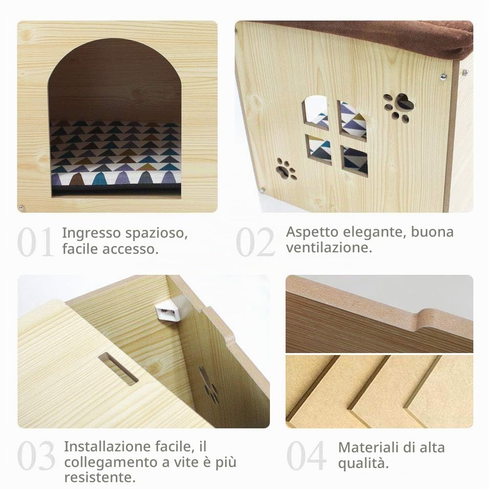 Casa de Madera pour Cane Gatto - Sgabello Casetta per Animali domestici con Cuscino Rimovibile per Cucciolo e Gatto, 57×40×40cm