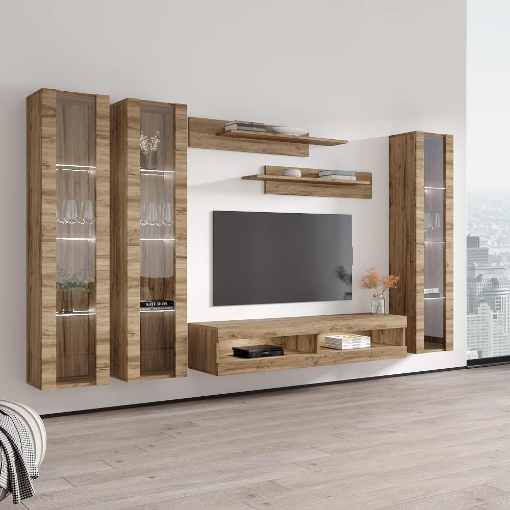 Meble Furniture Fly CD2 34TV Stand Wall-Mounted Entertainment Center — Floating Design with LED Lighting and Storage Shelves, 59.1 x 15.7 x 15.7 in — Oak