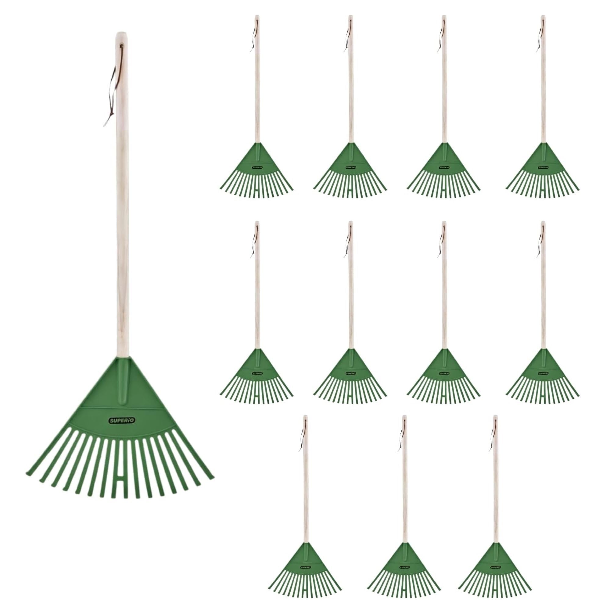 Superio Kids Leaf Rake, 34-Inch Gardening &amp; Lawn Care Tool with Hardwood Handle and Durable Plastic Tines for Leaf Cleanup &amp; Garden Maintenance, Green 12 Pack