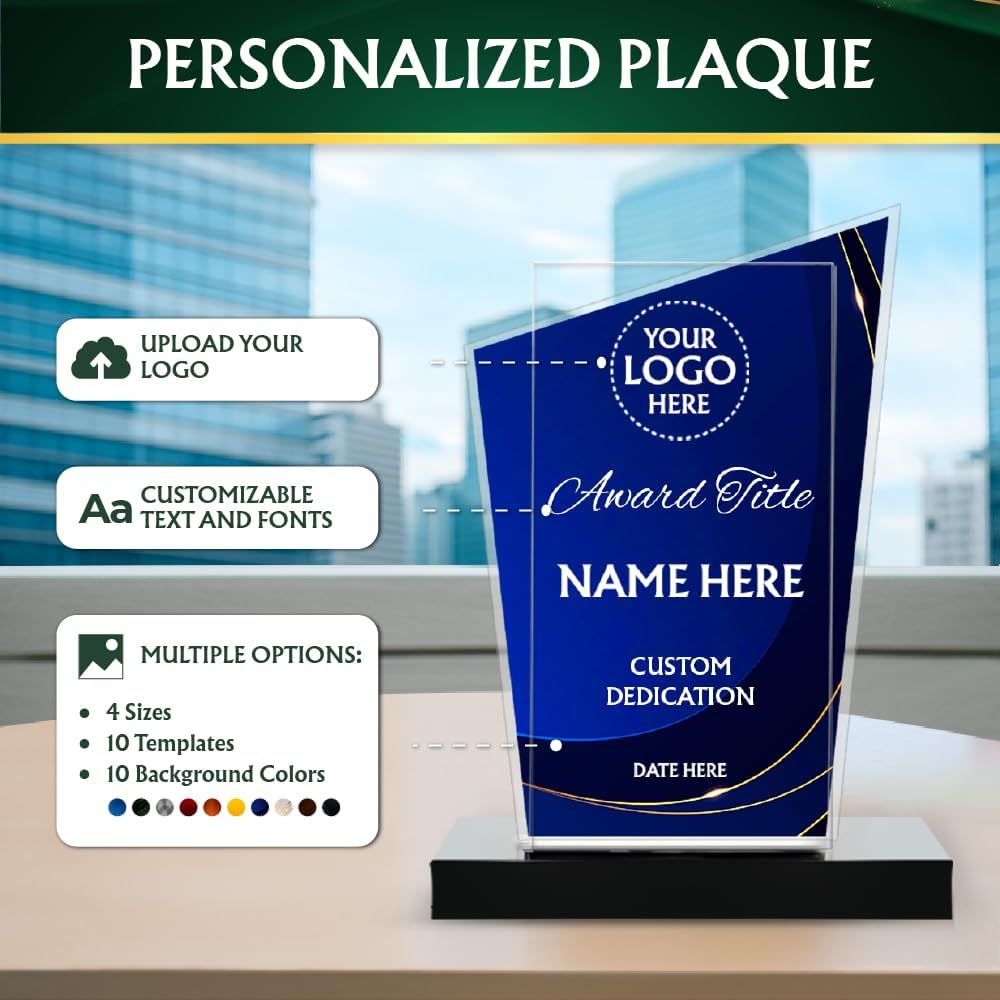 Personalized Acrylic Award Plaque - UV Printed Custom Trophy Award for Employee Appreciation, Corporate Gift, Teacher, Team Member Recognition, Retirement, Graduation - Sizes: 6", 8", 10", 12" (Royal Curve)