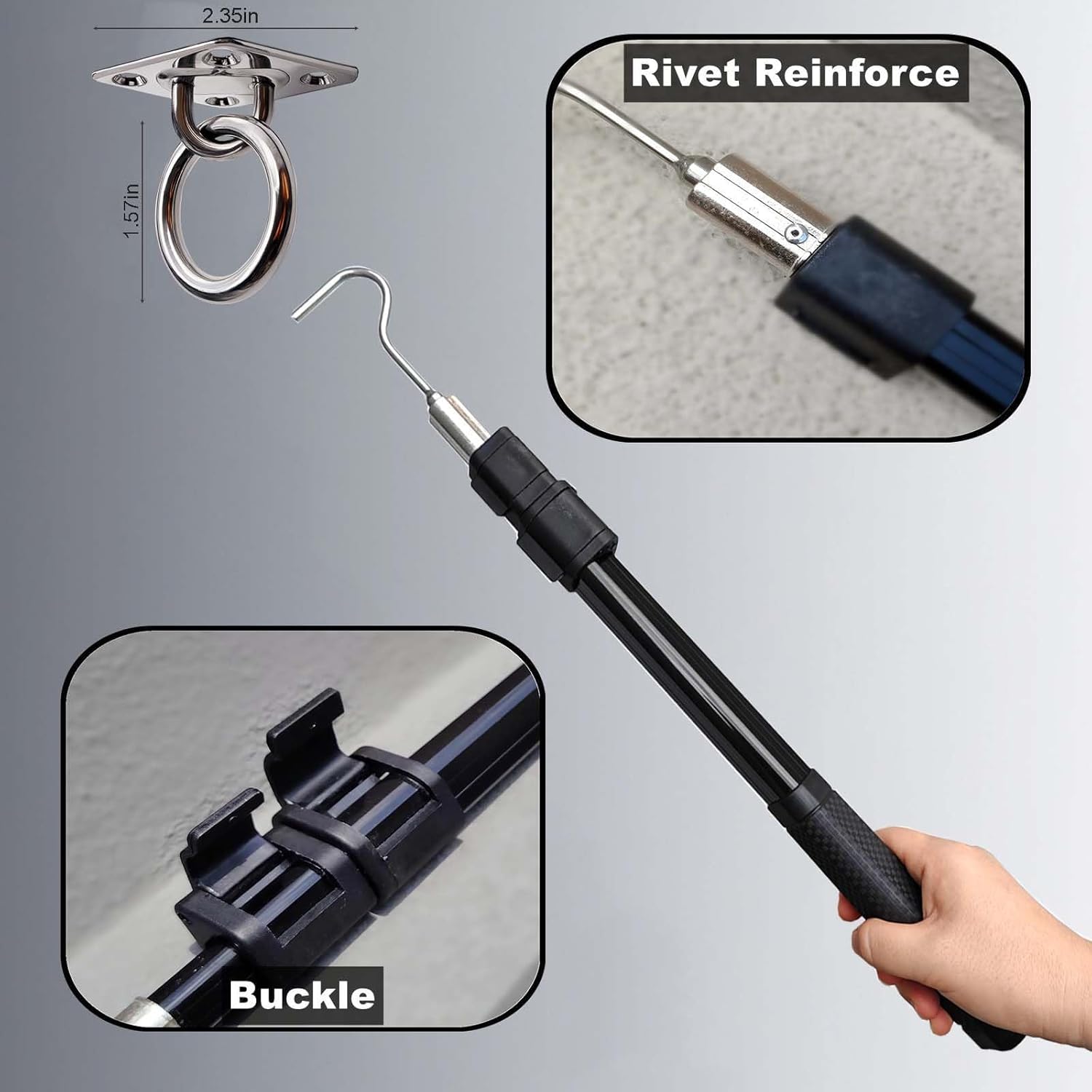 Extendable Attic Pull Down Hook, Ladder Door Stairs Puller System Kit Rod Pole, Replacement for Ropes Cord String with Stainless Steel Ring Handle