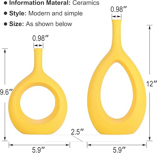 Miniatura 2 de Juego de 2 jarrones elípticos huecos de cerámica amarilla, jarrón circular bohemio con agujero, para decoración moderna de mesa amarilla, decoración